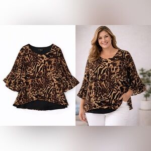 Calessa XL Animal Print Blouse Bell Sleeve Tunic Wearable Art Top